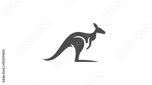 Dynamic kangaroo silhouette, minimalist grey design. Wild marsupial animal graphic symbol, standing or poised to jump.