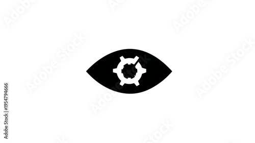 Technological eye icon with gear pupil, symbolizing AI, machine learning, digital vision, settings, engineering, and data processing.