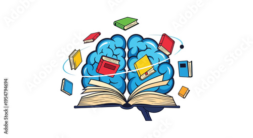 Brain with books flying out of an open book vector graphic illustration design