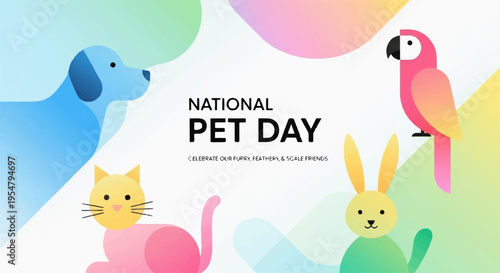 National pet day colorful illustration with dog cat rabbit and parrot for social media