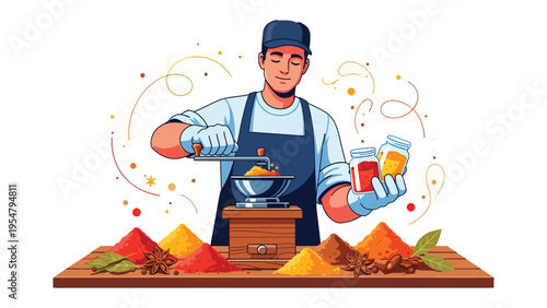 Culinary Artistry: A skilled chef meticulously grinds fresh spices, surrounded by a vibrant array of culinary ingredients, illustrating the art of flavor creation.