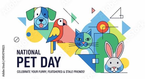 Colorful pets celebration on national pet day with dog parrot cat and rabbit geometric shapes