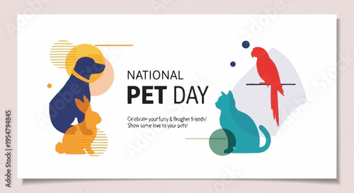 National pet day celebration with dog cat and parrot illustrations on white background