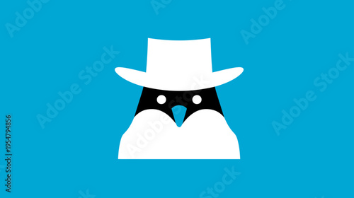 Charming cartoon penguin character in a white fedora hat and mustache, flat design vector illustration on a blue background