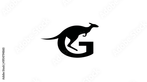 Dynamic black kangaroo silhouette jumping over bold capital letter G, abstract animal logo concept, modern graphic design element