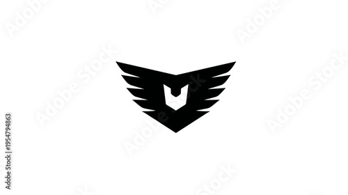 Minimalist black abstract wings emblem, stylized bird or shield icon, modern graphic design element on white background