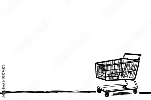 Minimalist black and white shopping cart illustration on white background