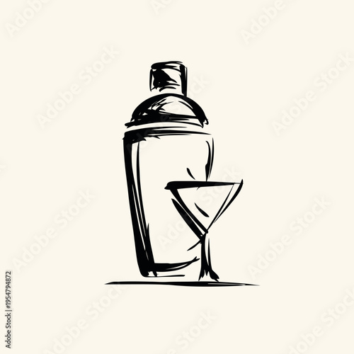 Minimalist black and white sketch of cocktail shaker and glass