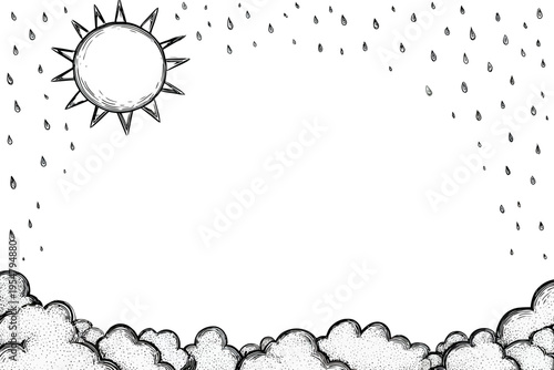 Hand-drawn sun and clouds with raindrops on white background