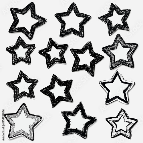 Hand-drawn black and white star doodles on white background