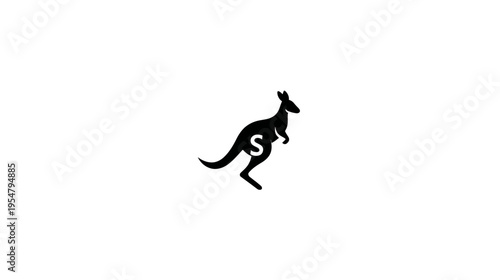 Minimalist black kangaroo silhouette with a white letter S, a simple graphic design element for animal symbolism on white background
