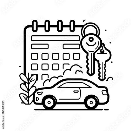 Car rental illustration with calendar and keys icon in black and white