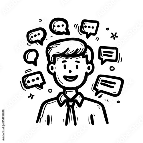 Cartoon drawing of young caucasian male with chat bubbles expressing communication