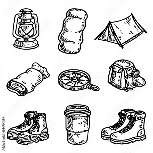 Hand-drawn vintage camping gear: lantern, sleeping bag, tent, compass, backpack, hiking boots