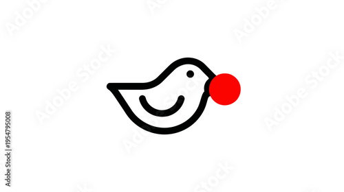 Minimalist black outline bird icon holding a bright red berry or ball in its beak, set against a clean white background. Simple graphic illustration.