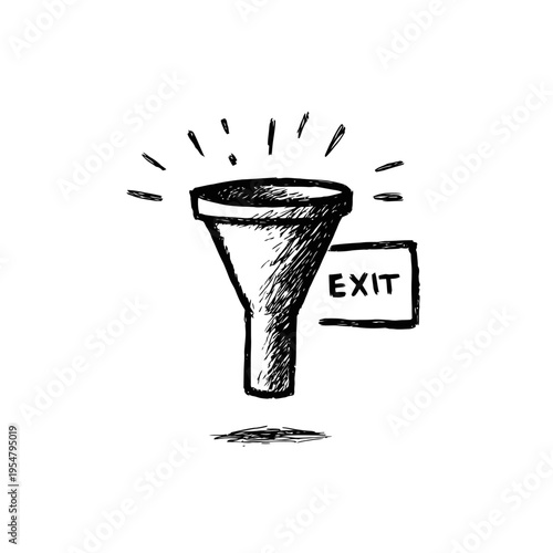 Black and white hand-drawn funnel icon with exit sign