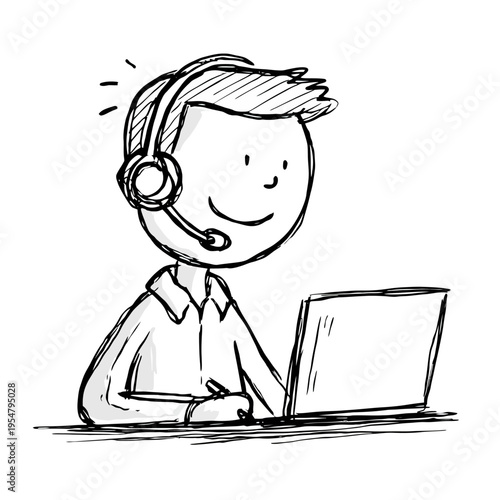 Hand-drawn illustration of smiling customer support agent working at a laptop