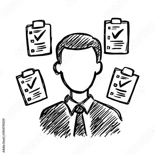 Sketch of faceless male figure in formal wear with checklists