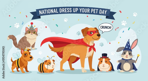Dressed up pets in costumes dog in superhero cape animals in fun outfits celebration