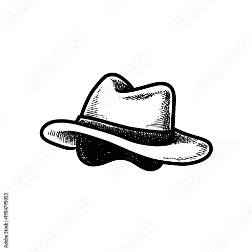 Black and white sketch of a classic fedora hat with detailed shading