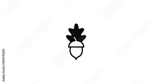 Minimalist black and white acorn and oak leaf icon, simple nature symbol of growth, strength, and forest ecology.