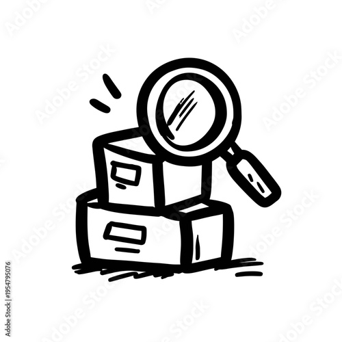 Hand-drawn magnifying glass and boxes icon symbolizing search and discovery