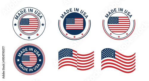 Made in USA Labels and American Flag Badge Set, Vector Icons for Product Packaging and Marketing