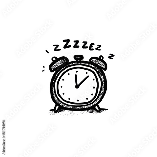 Hand-drawn alarm clock sketch with sleepy zzz symbol