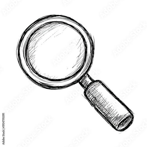 Hand-drawn sketch of a magnifying glass with wooden handle