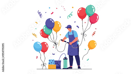 Celebration Preparation: A vibrant scene captures the anticipation and excitement of an upcoming event as a professional prepares colorful balloons. 