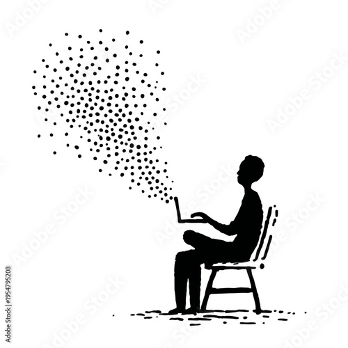 Silhouette of a person typing on laptop with dots emanating forward