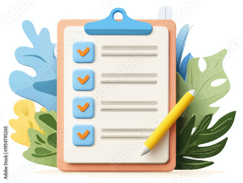 Colorful checklist with leaves and clip on clipboard with yellow pencil