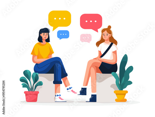Two young women engaging in conversation with speech bubbles and potted plants