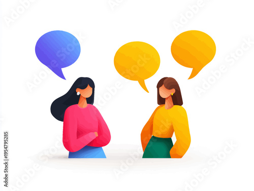 Two women engaged in colorful conversation with speech bubbles