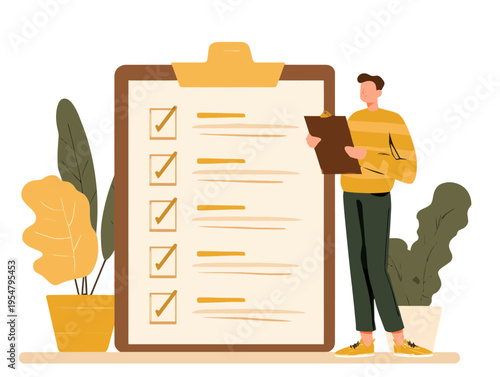 Young caucasian male reviewing checklist with clipboard and plants in modern office setting