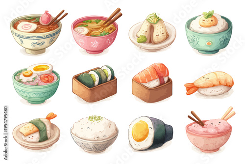 Assorted japanese dishes: sushi, ramen, onigiri, and rice bowls with artistic presentation