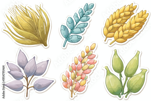 Assorted colorful plant stickers featuring various seeds and leaves