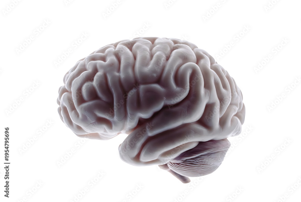 Obraz premium A realistic, pink human brain is displayed against a dark background.