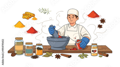 Culinary Craftsmanship: A chef expertly grinds spices in a mortar, surrounded by an array of herbs and seasonings, creating a symphony of flavors and aromas.