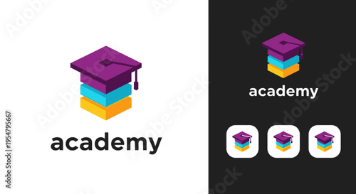 Academy Education Logo Design featuring Isometric Graduation Cap and Stacked Blocks Icon. 3D Branding Identity for University, E-learning Platforms, and Online Courses.