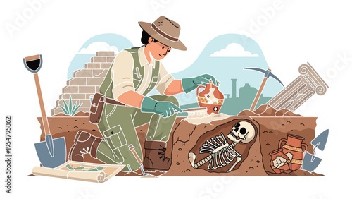 Unearthing History's Echoes: An archaeologist carefully excavates a relic from an ancient site, revealing the secrets of the past with a sense of wonder.