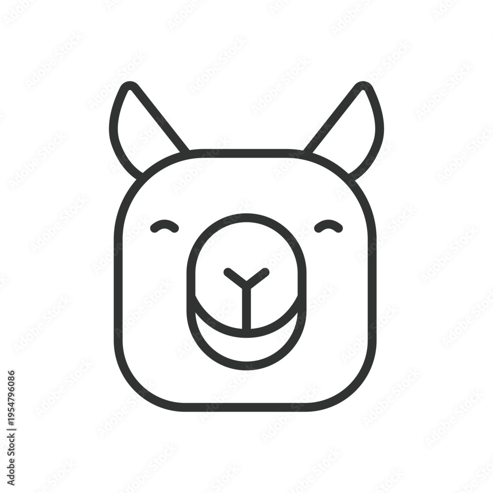 Naklejka premium Llama face, icon in line design. llama, animal, farm, alpaca, mammal, cute, domestic on white background vector. llama face editable stroke icon