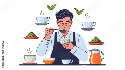 Tea Tasting Ritual: A tea connoisseur engages in a meticulous tea-tasting ritual, expertly sampling the beverage amidst the serene ambiance of tea leaves and cups. 