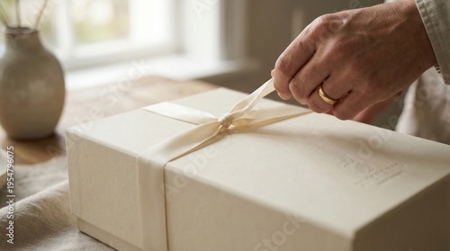 Woman hand unboxing gift package tied with silk ribbon. Close up of elegant present box opening. Concept of luxury surprise, birthday celebration and holiday shopping experience. 180 chars