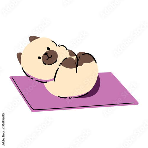 A cute kitten lying on its back on a yoga mat. Hand-drawn.