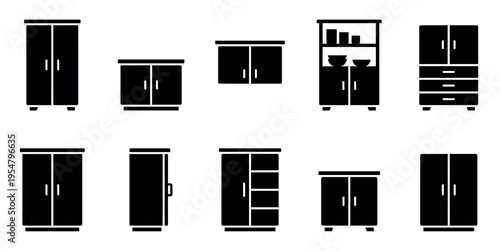 A collection of minimalist black silhouette icons representing various furniture pieces like cabinets, wardrobes, and drawers, perfect for design and illustration projects.