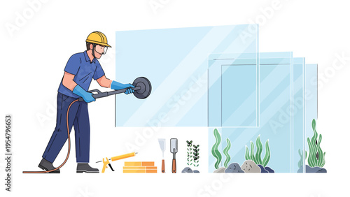 Window Installation Technician: A skilled technician diligently installs glass, his expertise evident in every careful movement. Tools of the trade and the promise of a clear view lay before him.
