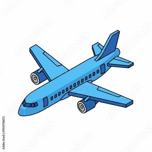 Blue Airplane Flying Isolated on White Background.