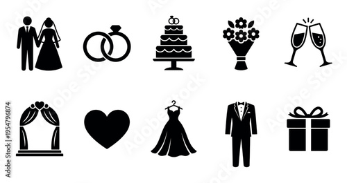 A collection of black wedding icons on a white background, including a bride and groom, rings, cake, flowers, champagne, arch, heart, dress, suit, and gift.