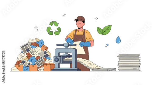 Recycling Process Illustration: A skilled worker processes paper for recycling, surrounded by a mountain of waste and symbols of environmental consciousness.